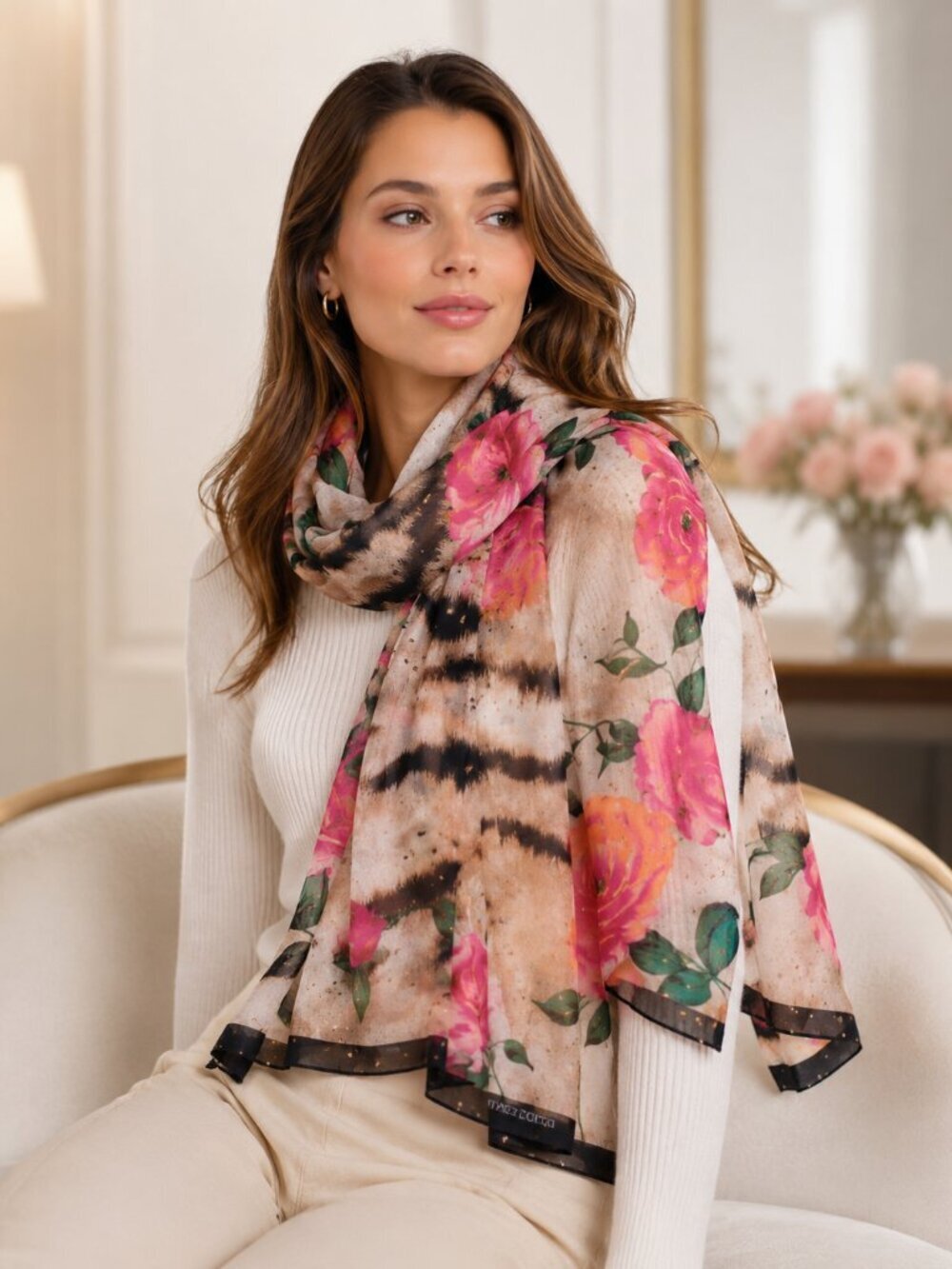 Vince Camuto Floral Animal Print Sparkly Sheer Scarf Wrap Pink Black Beige